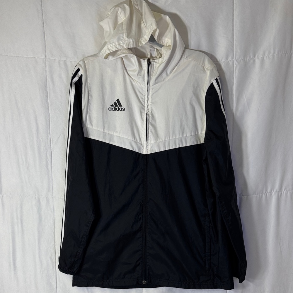 Adidas Windbreaker Jacket Black White Hooded Full Zip 3 Stripe Men’s M‎